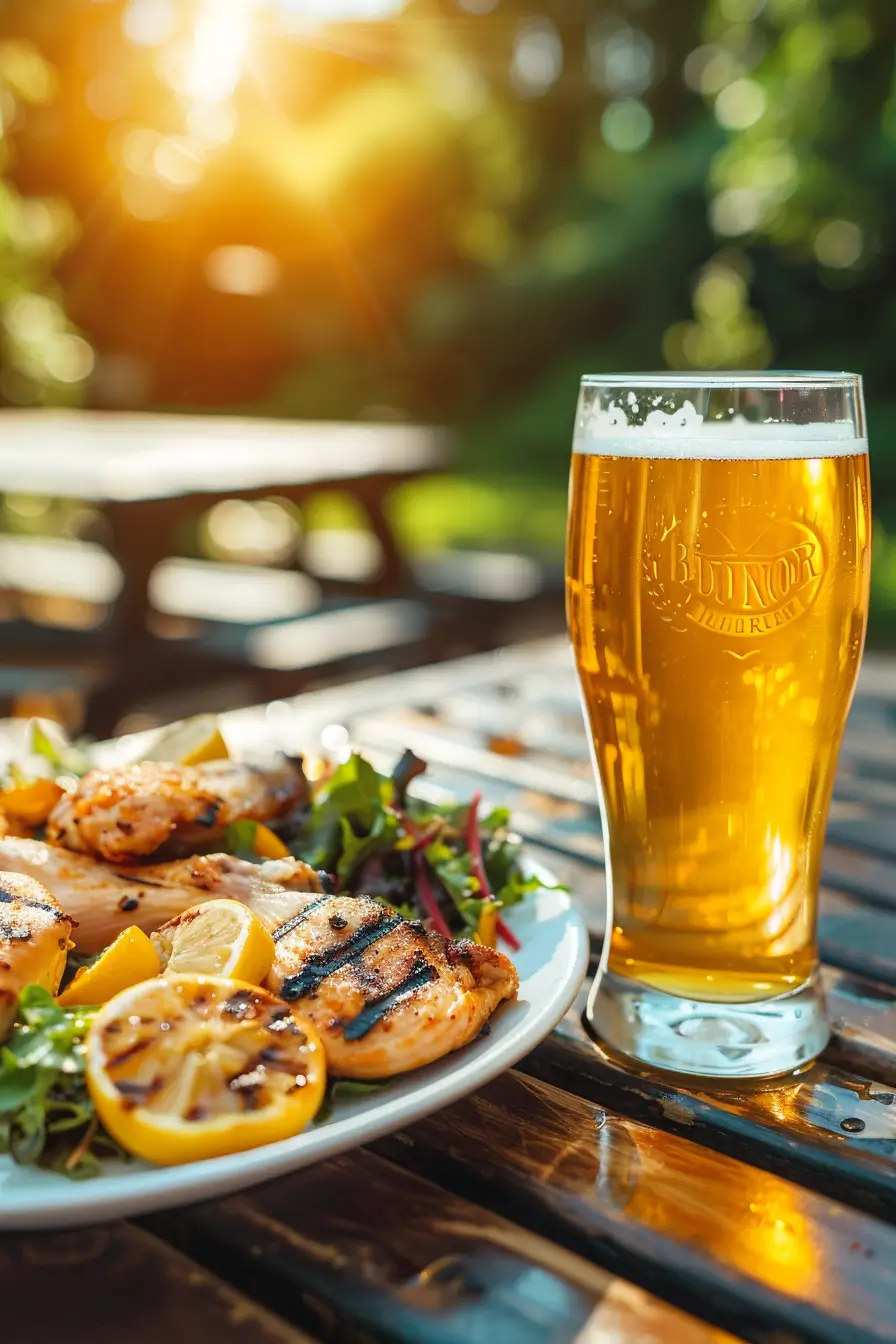 Blonde Ale paired with grilled chicken and salad in a sunny patio atmosphere