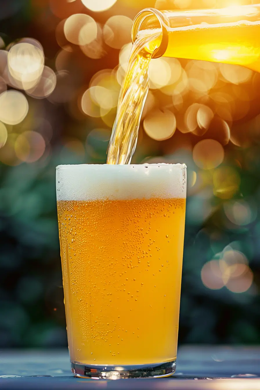 Blonde Ale being poured into a pint glass in an outdoor setting