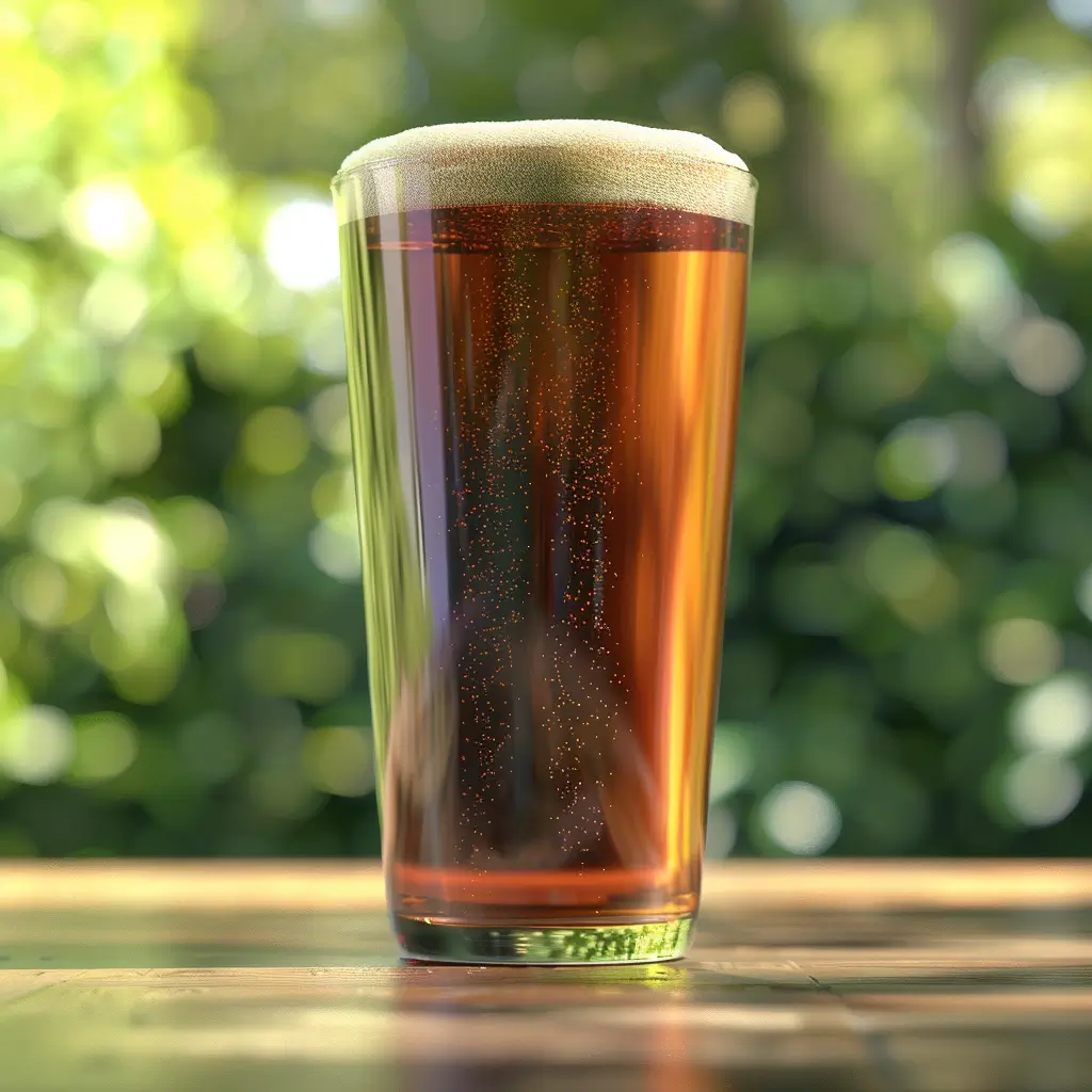 American Amber Ale in a pint glass showcasing its rich copper color and creamy head in a lush garden setting